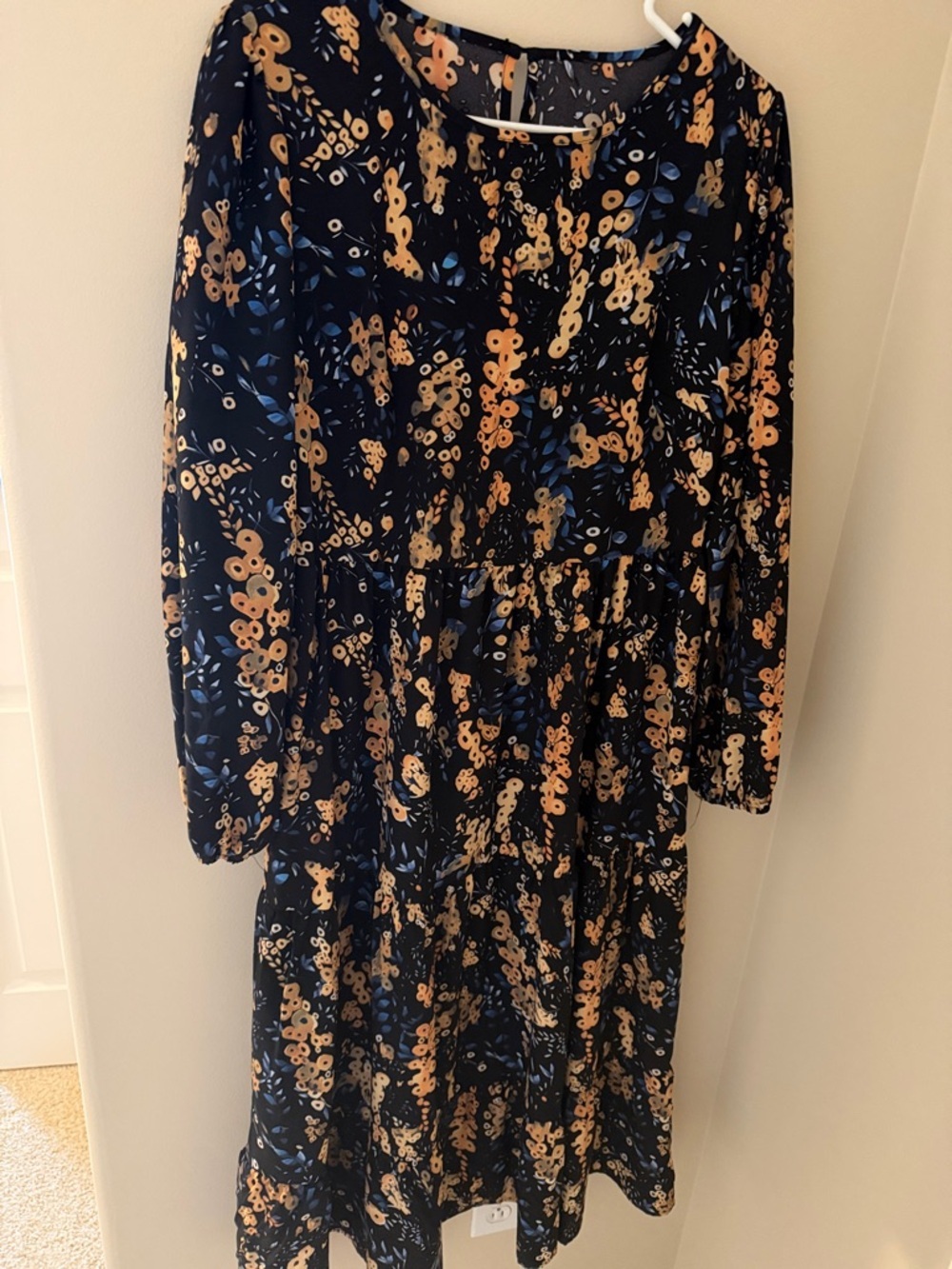 Women’s Navy Floral Long-Sleeve Tiered Dress